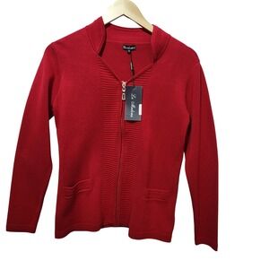 La‎ Madonna Red Zip Up Sweater Ribbed Knit Mock Neck Size S 34226